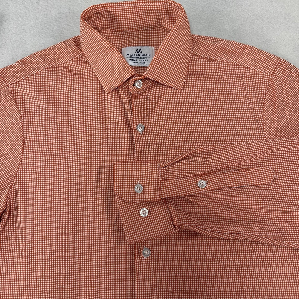 Mizzen+Main Dress Shirt Mens Medium Orange Check Trim Fit Performance USA